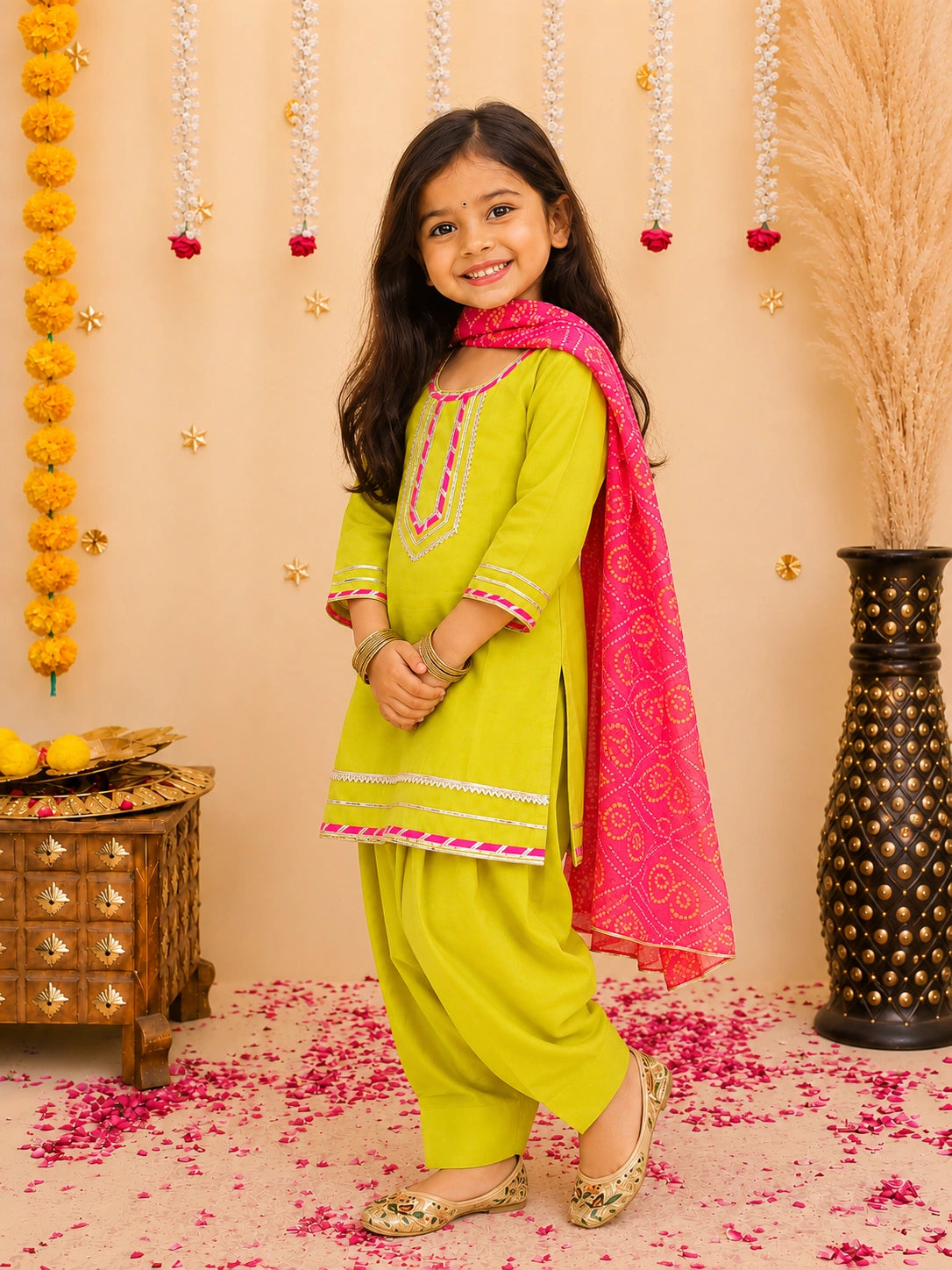BownBee Festive Elbow sleeves Silk Suit With Bandhni Dupatta Set For Girls