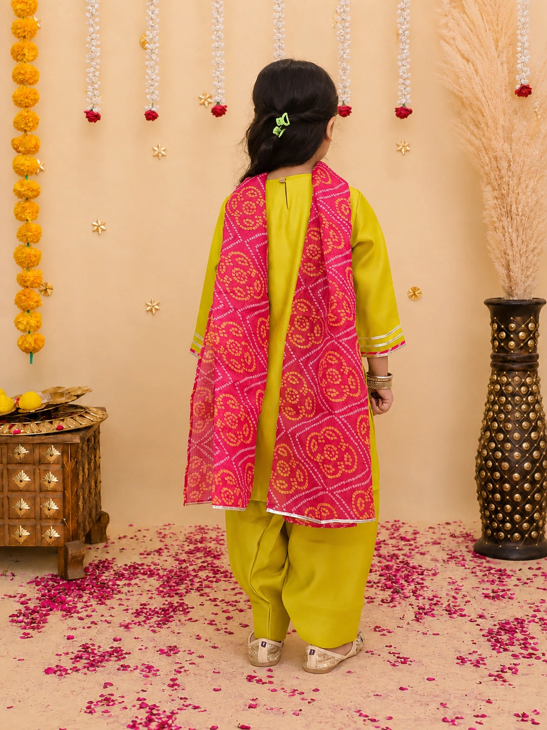BownBee Festive Elbow sleeves Silk Suit With Bandhni Dupatta Set For Girls