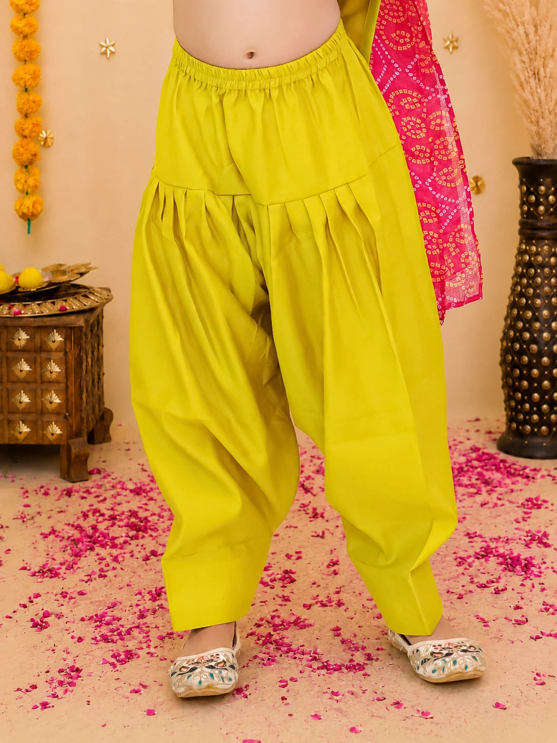 BownBee Festive Elbow sleeves Silk Suit With Bandhni Dupatta Set For Girls