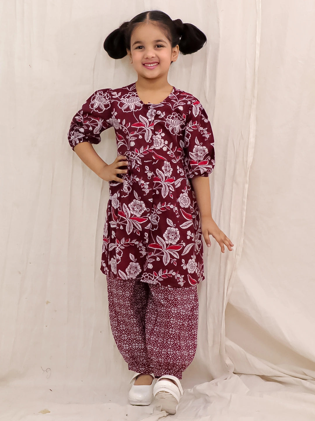 BownBee Pure Cotton Top With Harem Set For Girls- Maroon