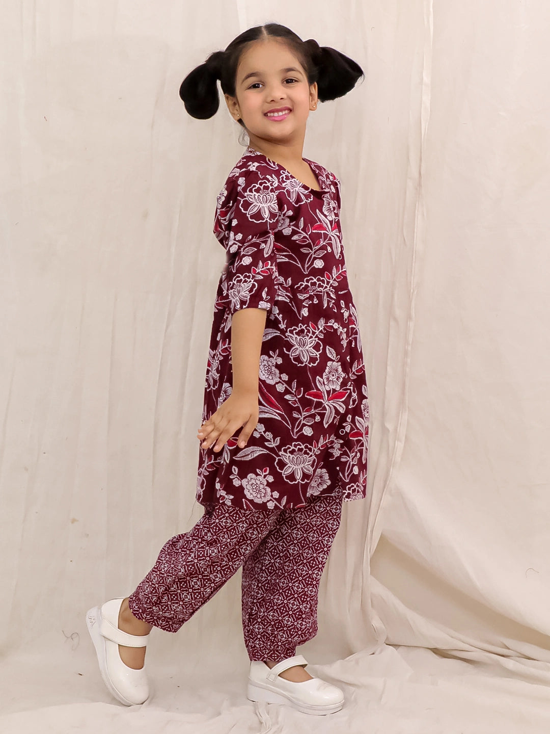 BownBee Pure Cotton Top With Harem Set For Girls- Maroon