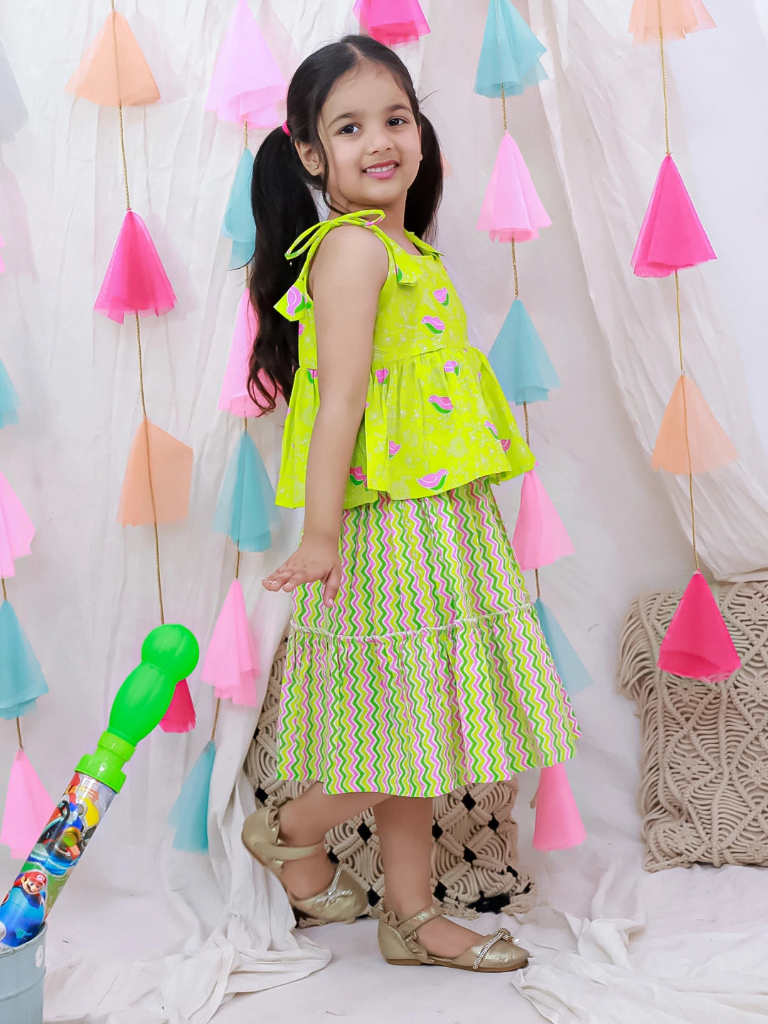 BownBee Summer Sleeveless Pure Cotton Printed Tieup Top & Skirt Set For Girls -Yellow