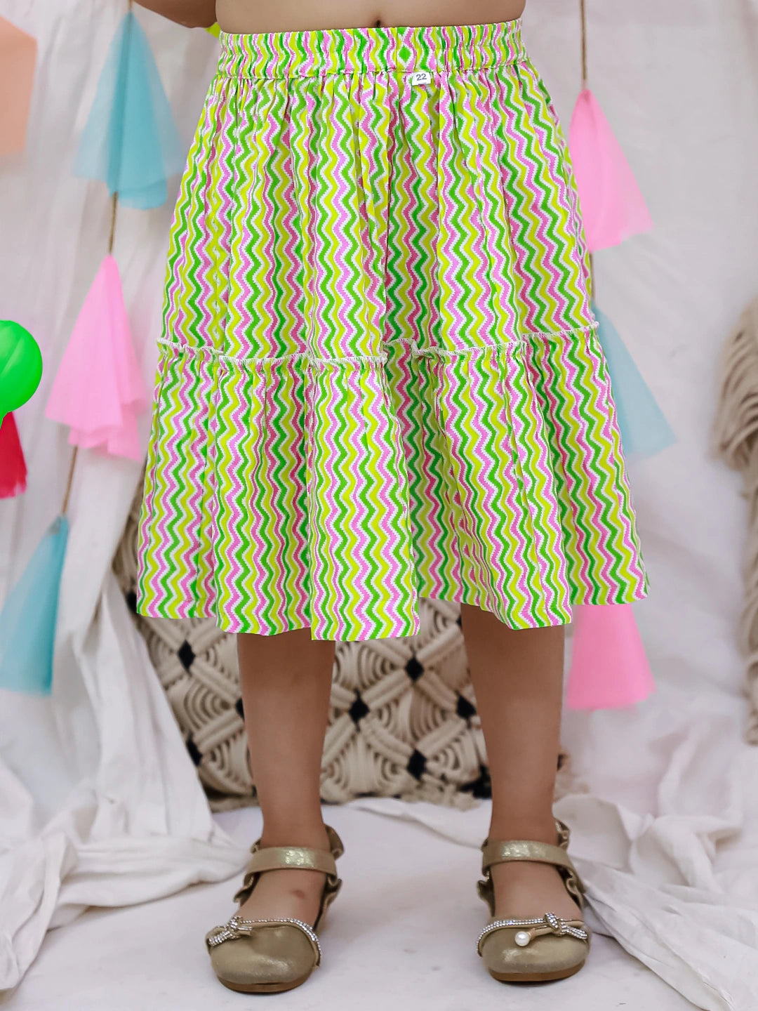 BownBee Summer Sleeveless Pure Cotton Printed Tieup Top & Skirt Set For Girls -Yellow