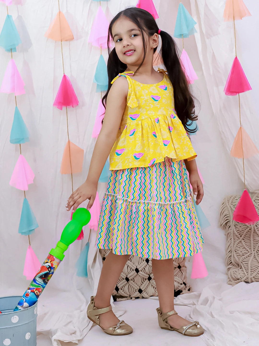 BownBee Summer Sleeveless Pure Cotton Printed Tieup Top & Skirt Set For Girls -Yellow
