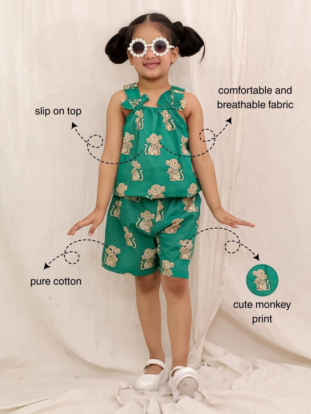 BownBee Pure Cotton Balloon Top And Shorts Set For Girls - Green