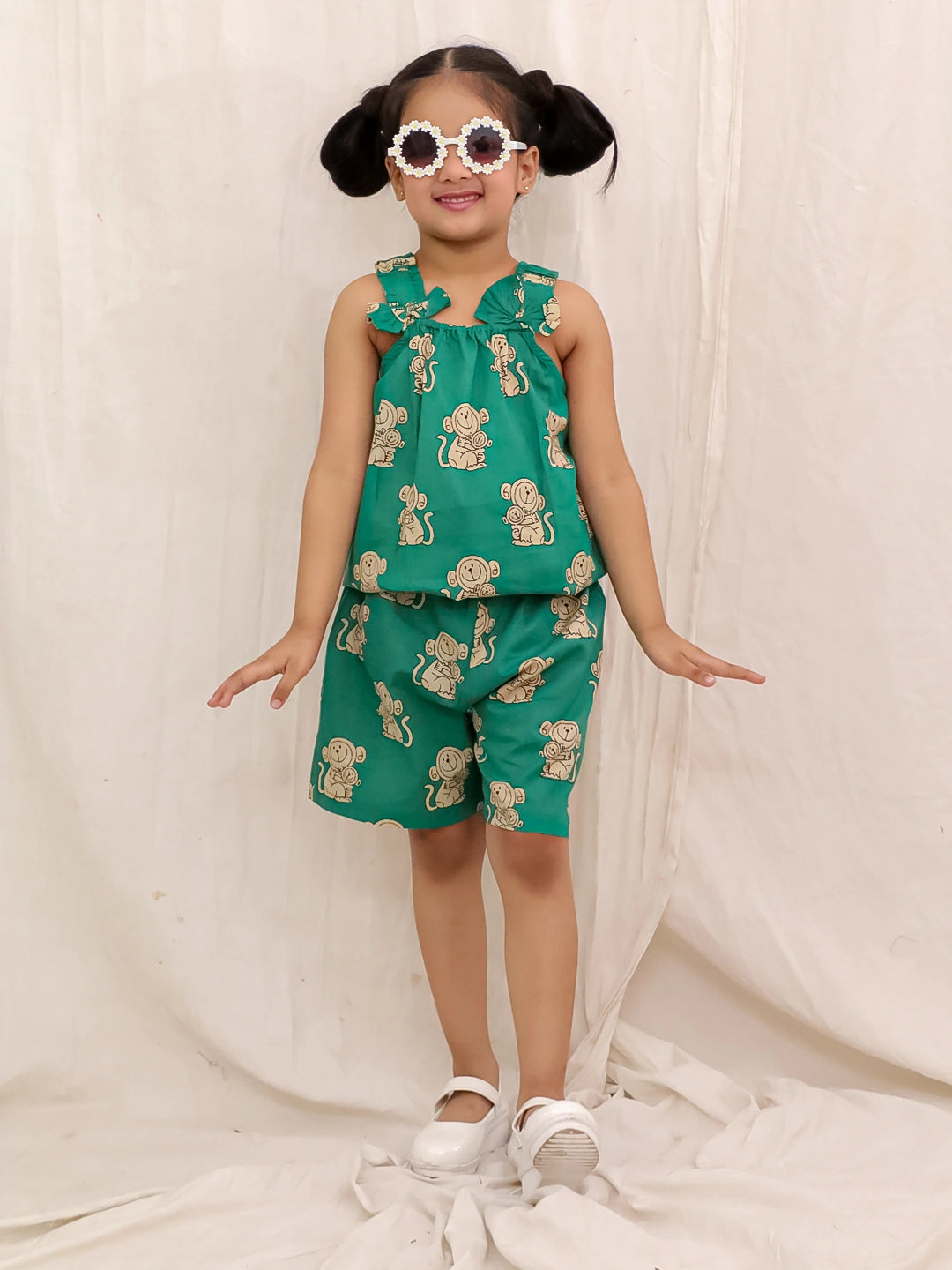 BownBee Pure Cotton Balloon Top And Shorts Set For Girls - Green