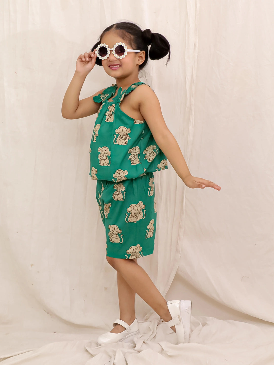 BownBee Pure Cotton Balloon Top And Shorts Set For Girls - Green