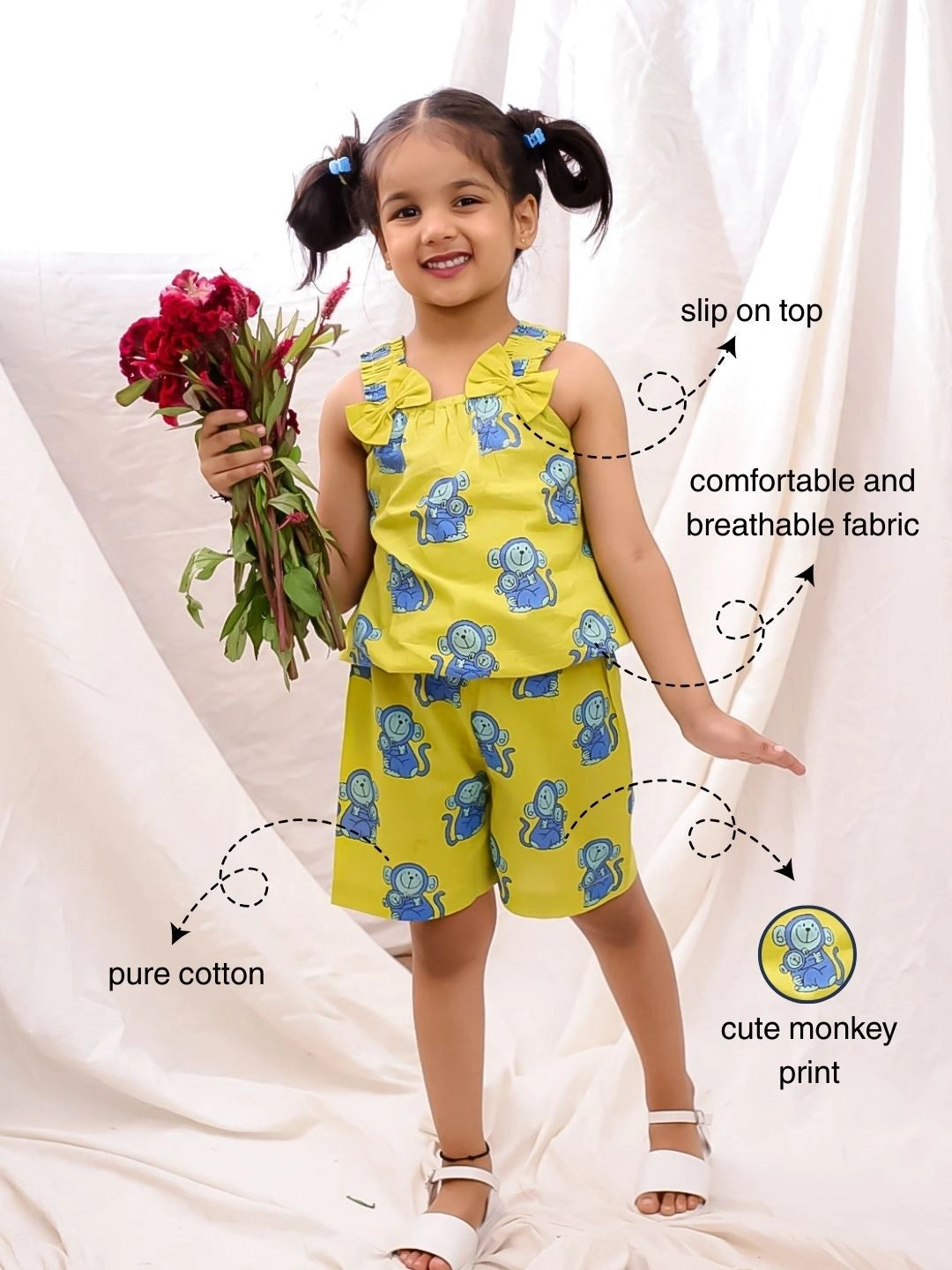 BownBee Pure Cotton Balloon Top And Shorts Set For Girls - Green