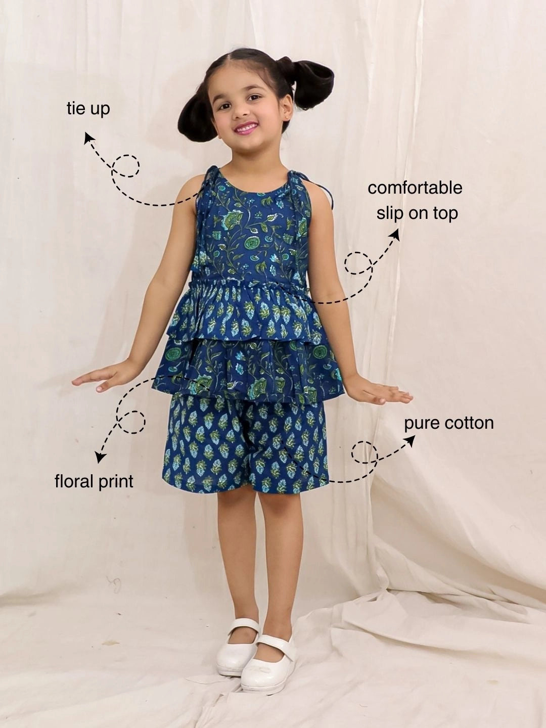 BownBee Pure Cotton Printed Tier Top And Shorts Set For Girls - Yellow