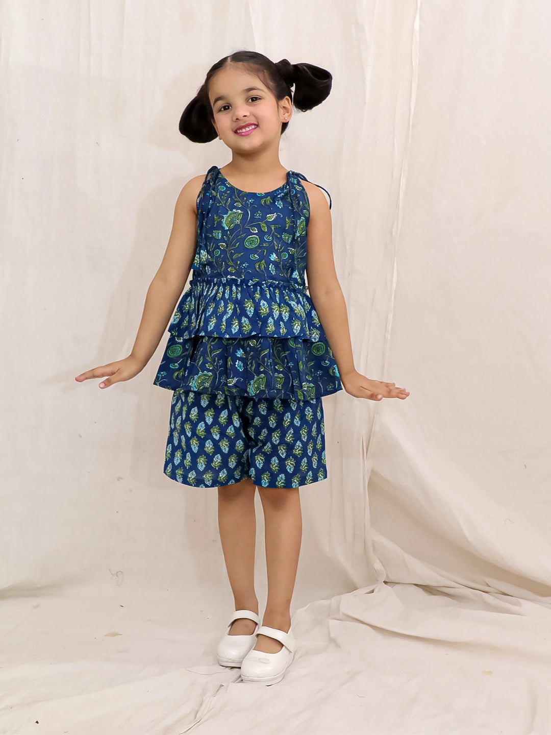 BownBee Pure Cotton Printed Tier Top And Shorts Set For Girls - Yellow