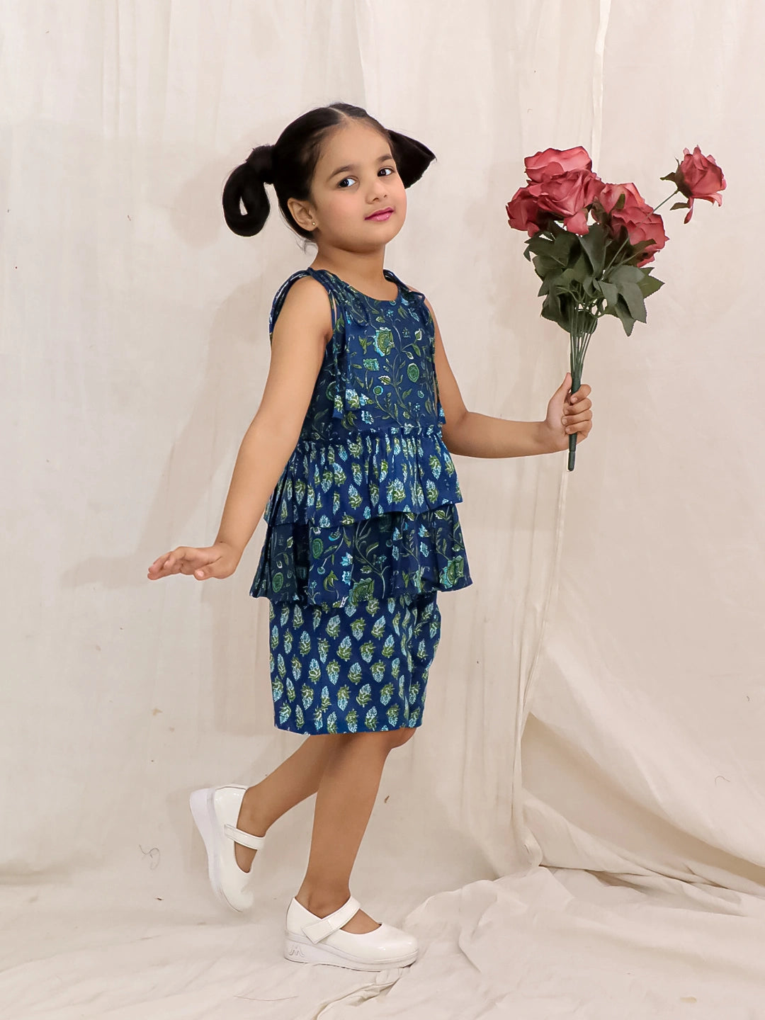 BownBee Pure Cotton Printed Tier Top And Shorts Set For Girls - Yellow