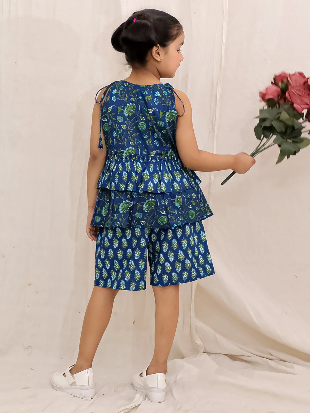 BownBee Pure Cotton Printed Tier Top And Shorts Set For Girls - Yellow