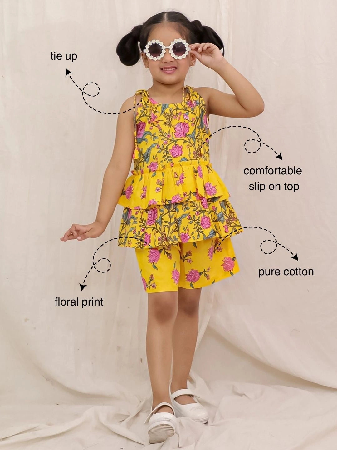 BownBee Pure Cotton Printed Tier Top And Shorts Set For Girls - Yellow