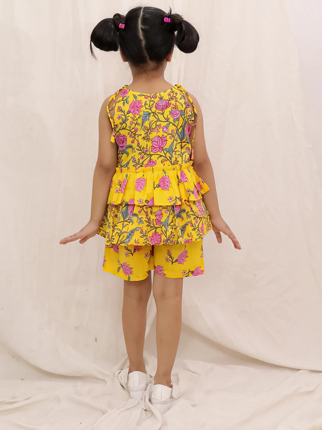 BownBee Pure Cotton Printed Tier Top And Shorts Set For Girls - Yellow