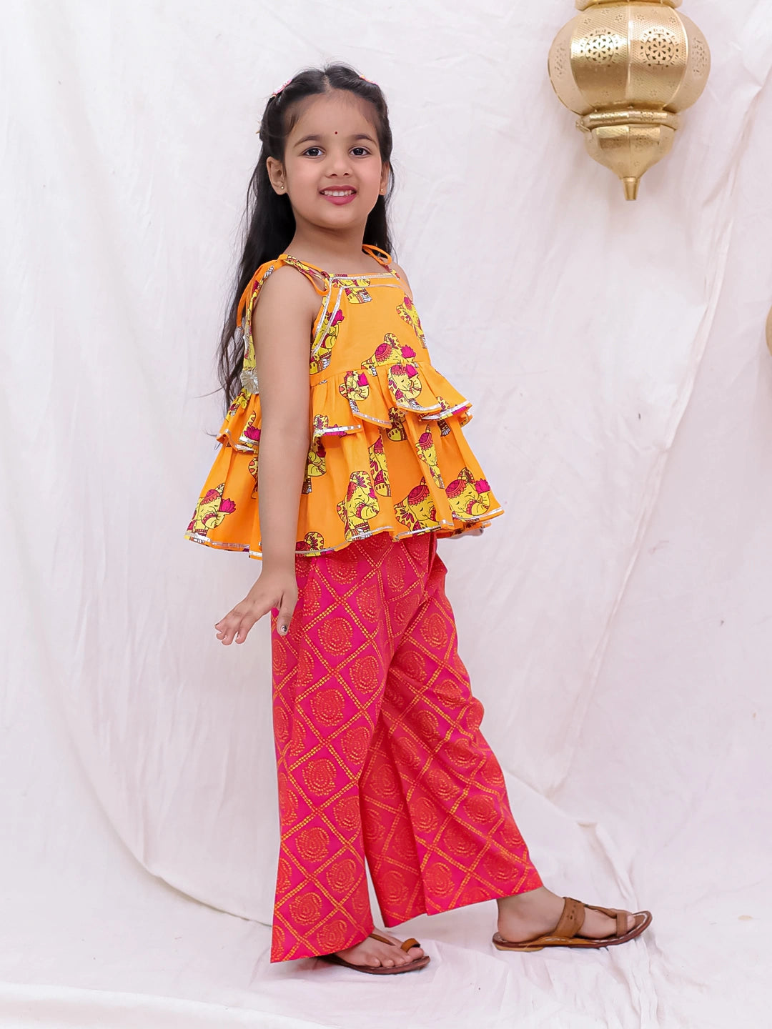 BownBee Pure Cotton Tie-Up Top With Palazzo Set For Girls - Orange