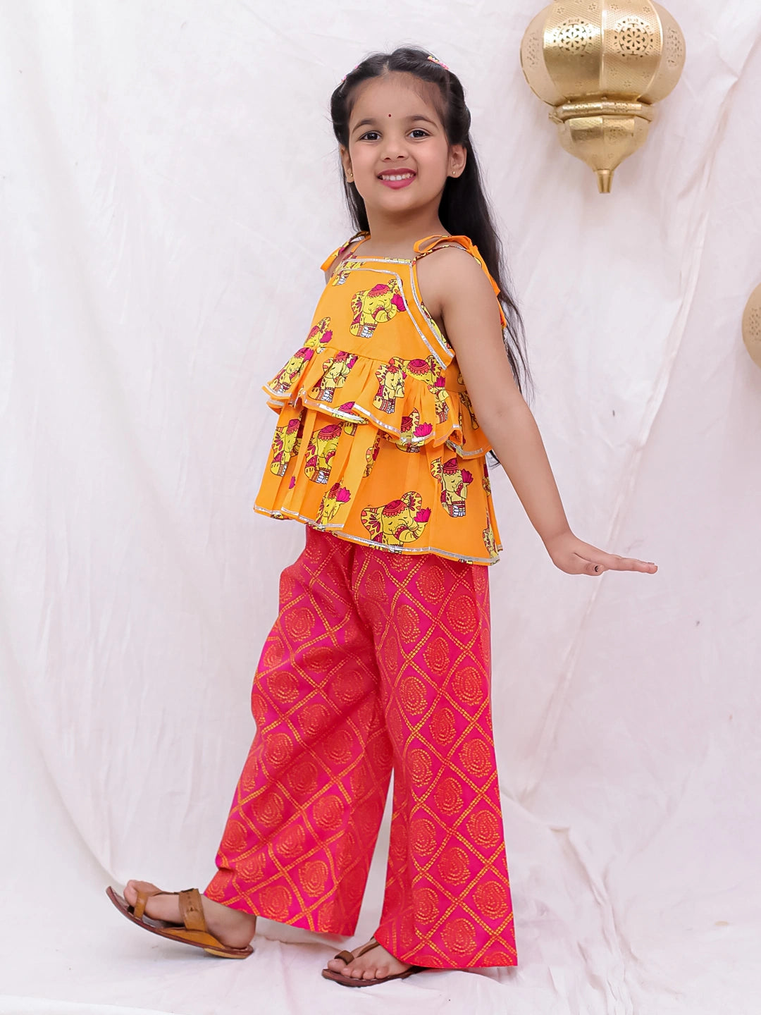 BownBee Pure Cotton Tie-Up Top With Palazzo Set For Girls - Orange