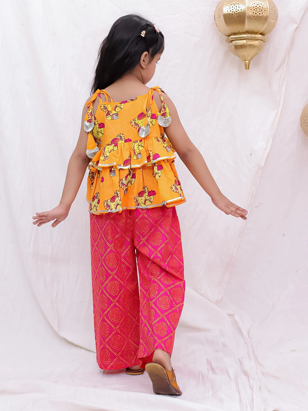 BownBee Pure Cotton Tie-Up Top With Palazzo Set For Girls - Orange