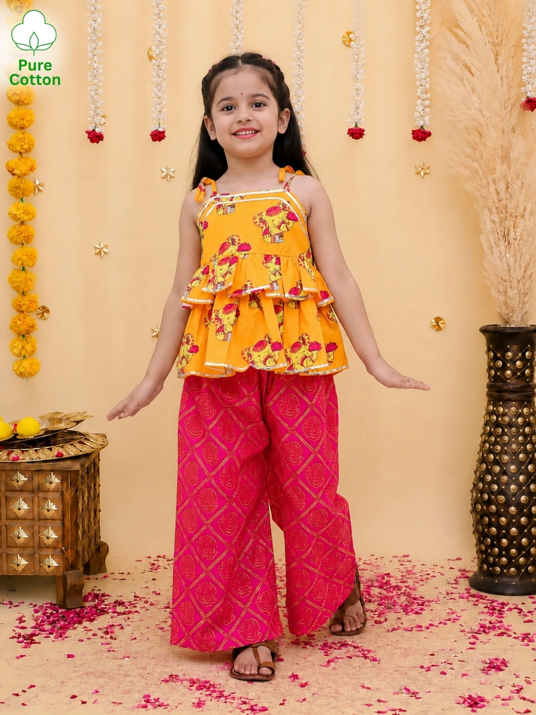 BownBee Pure Cotton Tie-Up Top With Palazzo Set For Girls