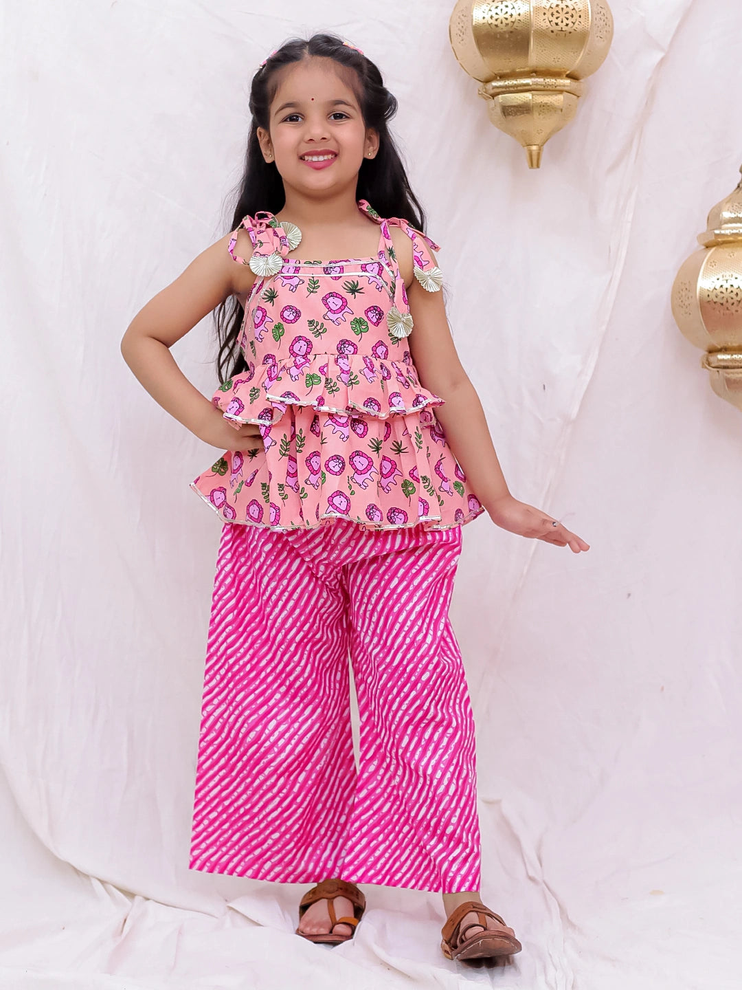 BownBee Pure Cotton Tie-Up Top With Palazzo Set For Girls - Orange