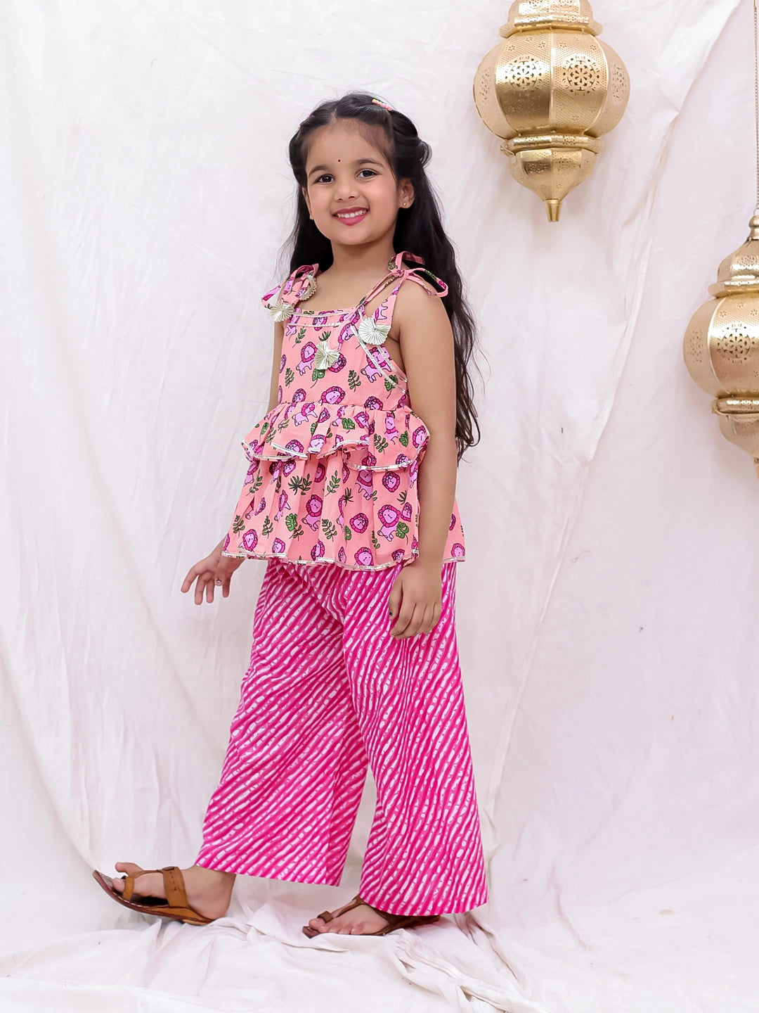 BownBee Pure Cotton Tie-Up Top With Palazzo Set For Girls - Orange