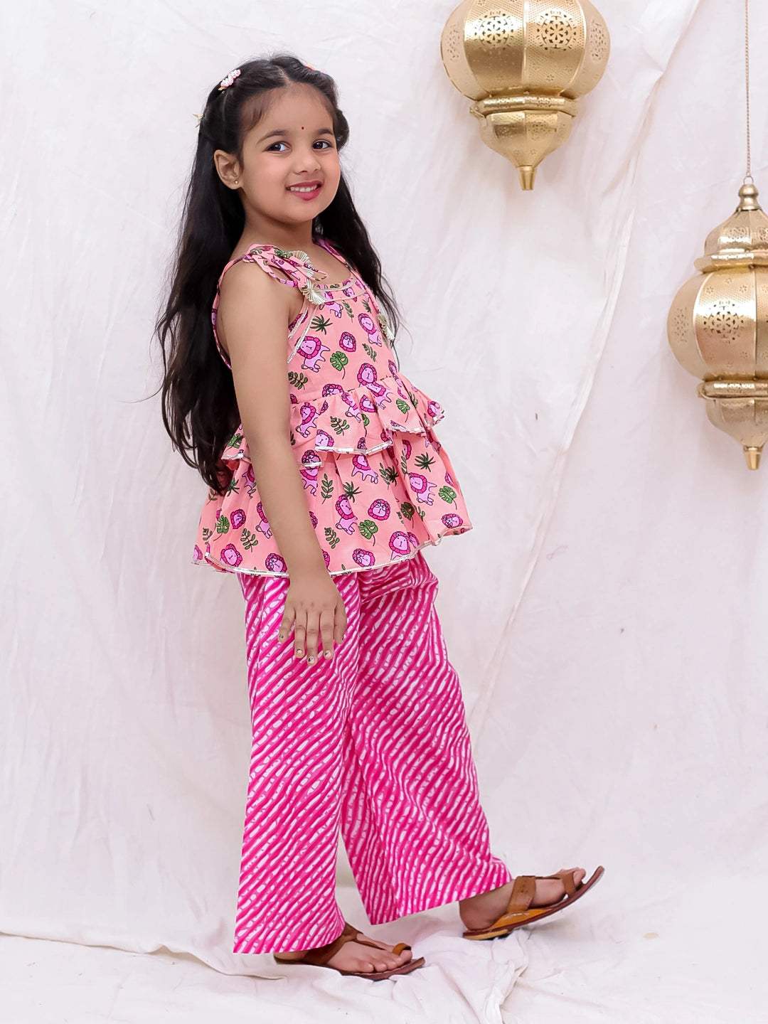 BownBee Pure Cotton Tie-Up Top With Palazzo Set For Girls - Orange