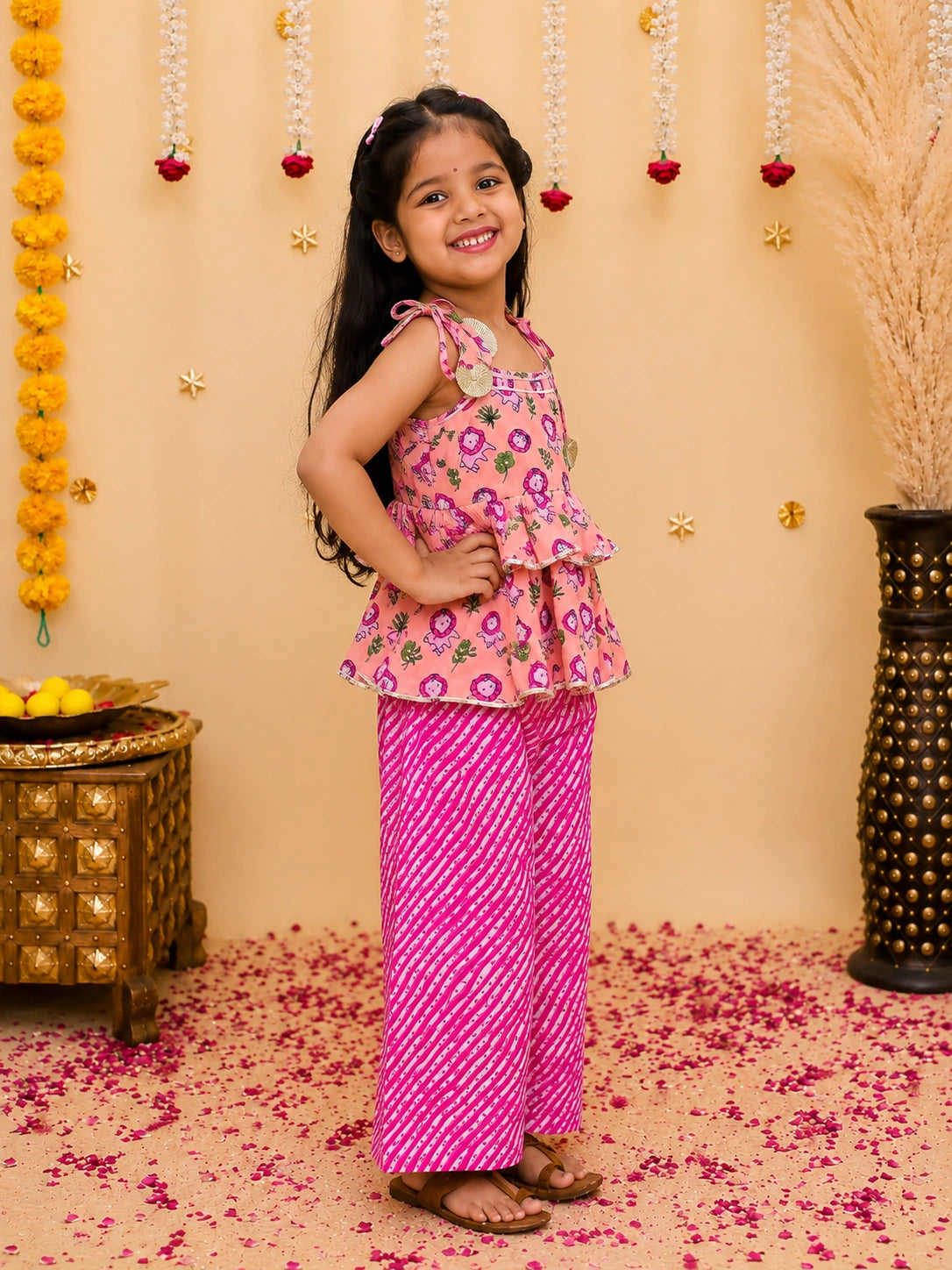 BownBee Pure Cotton Tie-Up Top With Palazzo Set For Girls