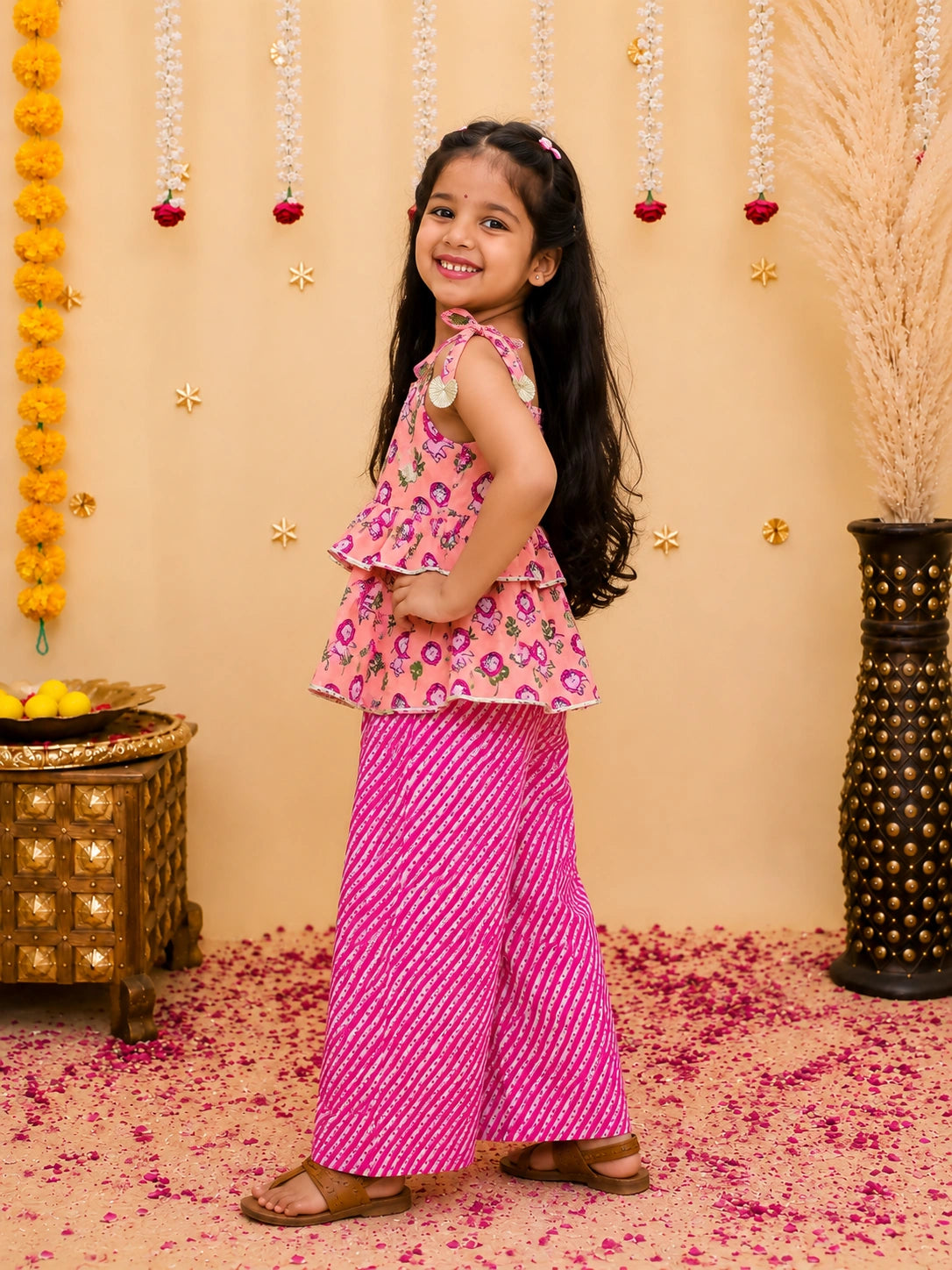 BownBee Pure Cotton Tie-Up Top With Palazzo Set For Girls