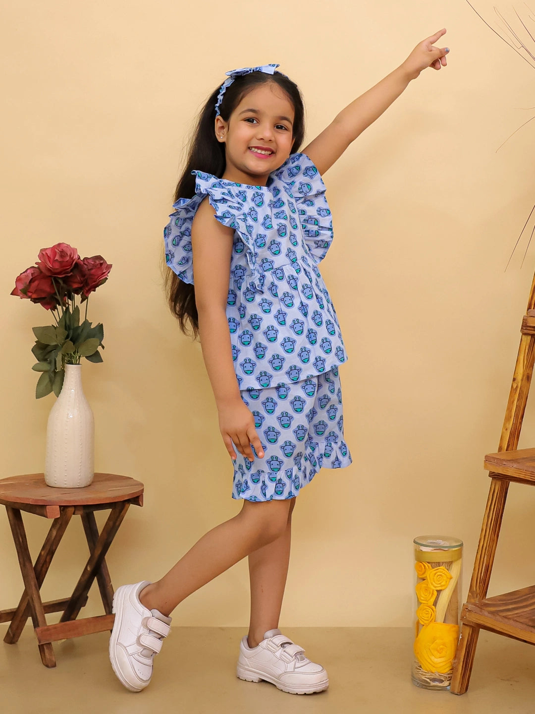 BownBee Pure Cotton Quirky Ruffle Top & Shorts With Hairband  Set For Girls