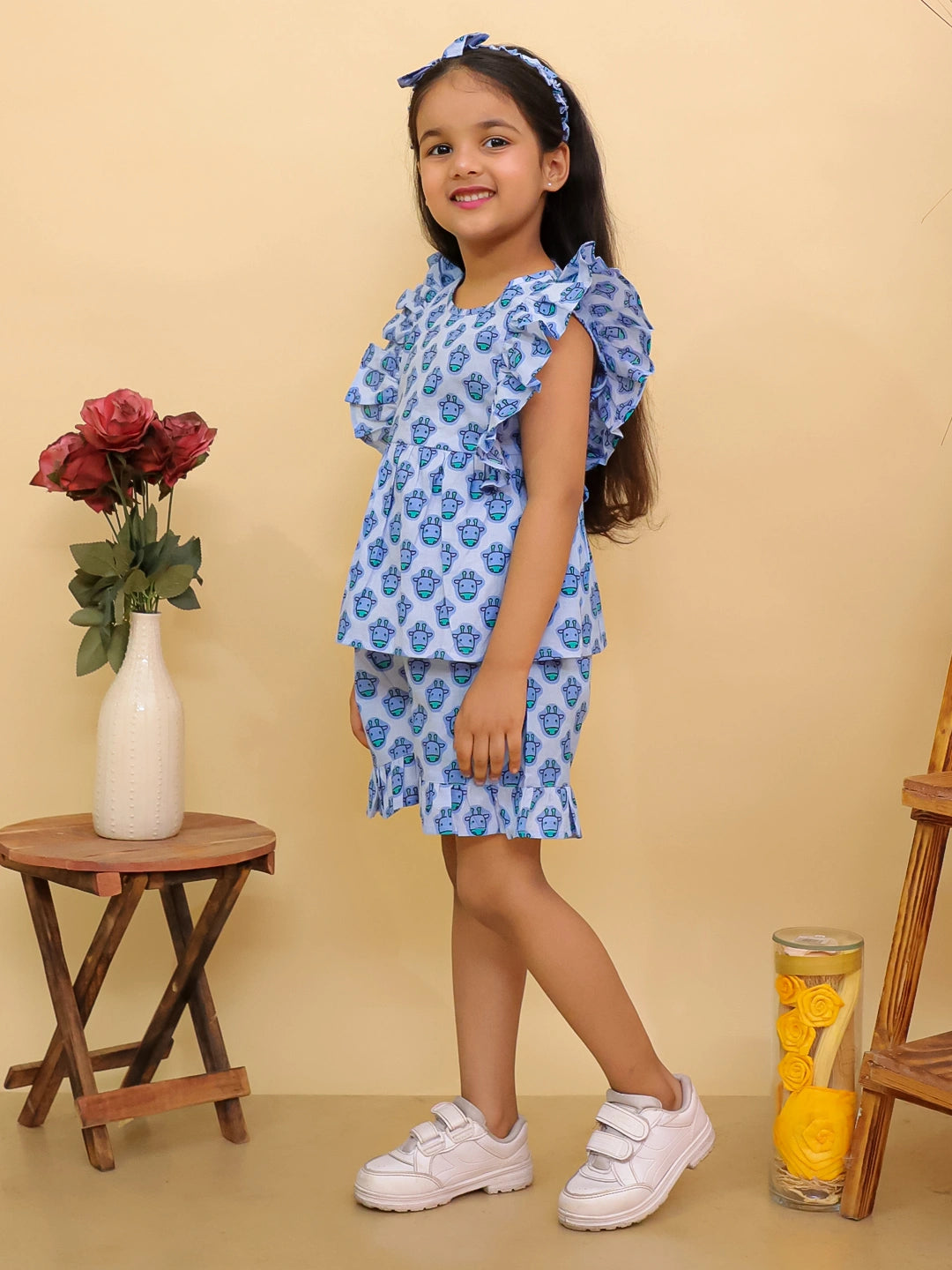 BownBee Pure Cotton Quirky Ruffle Top & Shorts With Hairband  Set For Girls