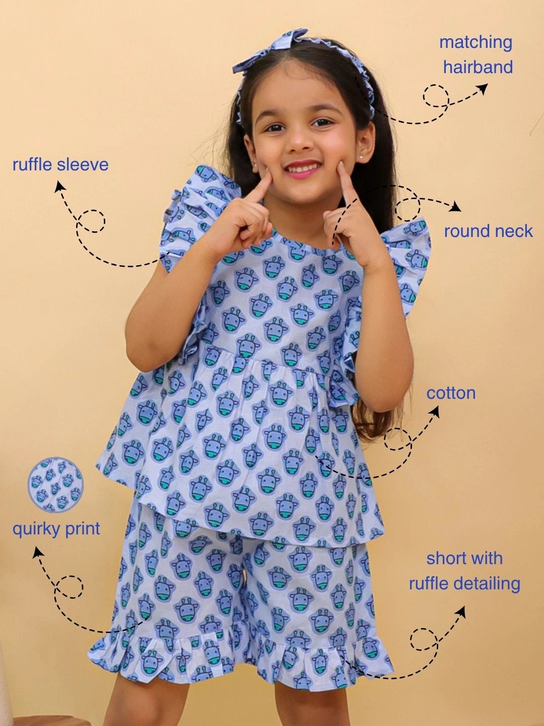 BownBee Pure Cotton Quirky Ruffle Top & Shorts With Hairband  Set For Girls