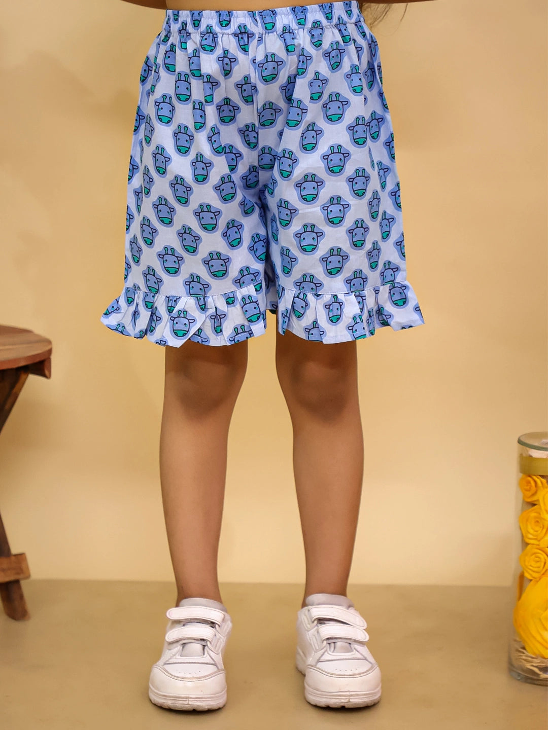 BownBee Pure Cotton Quirky Ruffle Top & Shorts With Hairband  Set For Girls