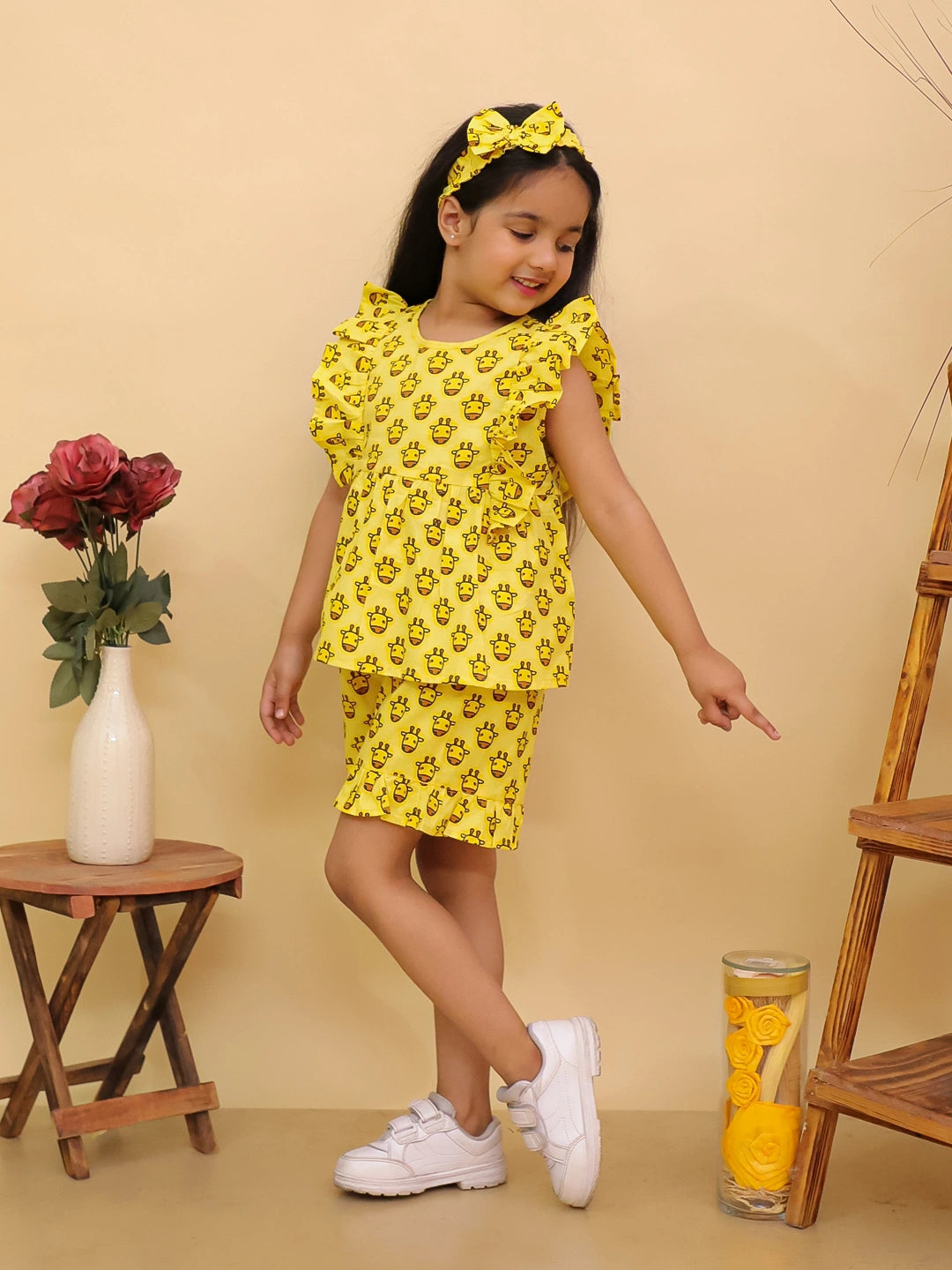 BownBee Pure Cotton Quirky Ruffle Top & Shorts With Hairband  Set For Girls