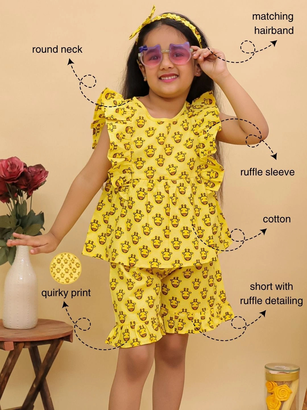 BownBee Pure Cotton Quirky Ruffle Top & Shorts With Hairband  Set For Girls