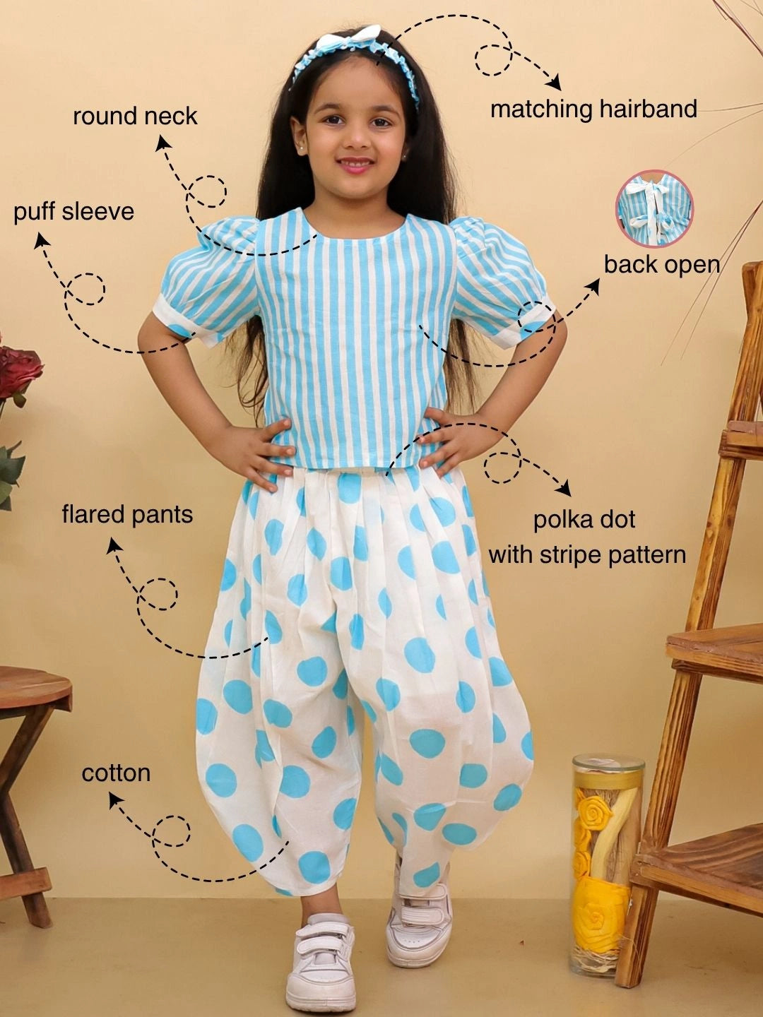 BownBee Summer Polka Dots Short Kurta & Top With Flared Pants Sibling Set