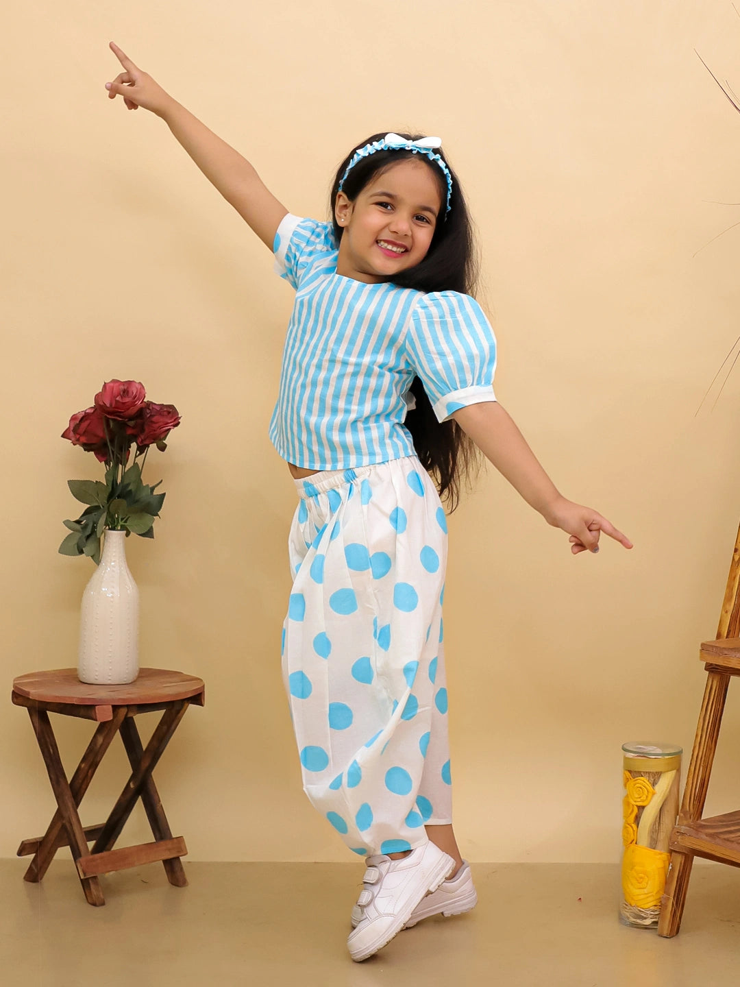 BownBee Summer Polka Dots Short Kurta & Top With Flared Pants Sibling Set