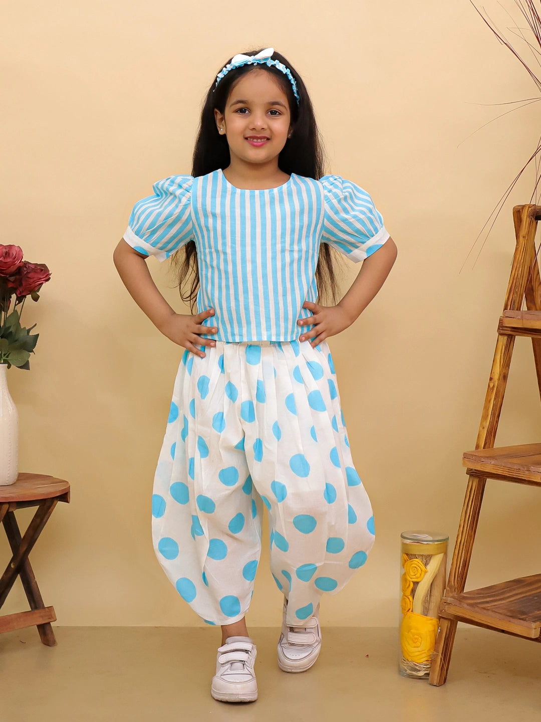 BownBee Summer Polka Dots Short Kurta & Top With Flared Pants Sibling Set