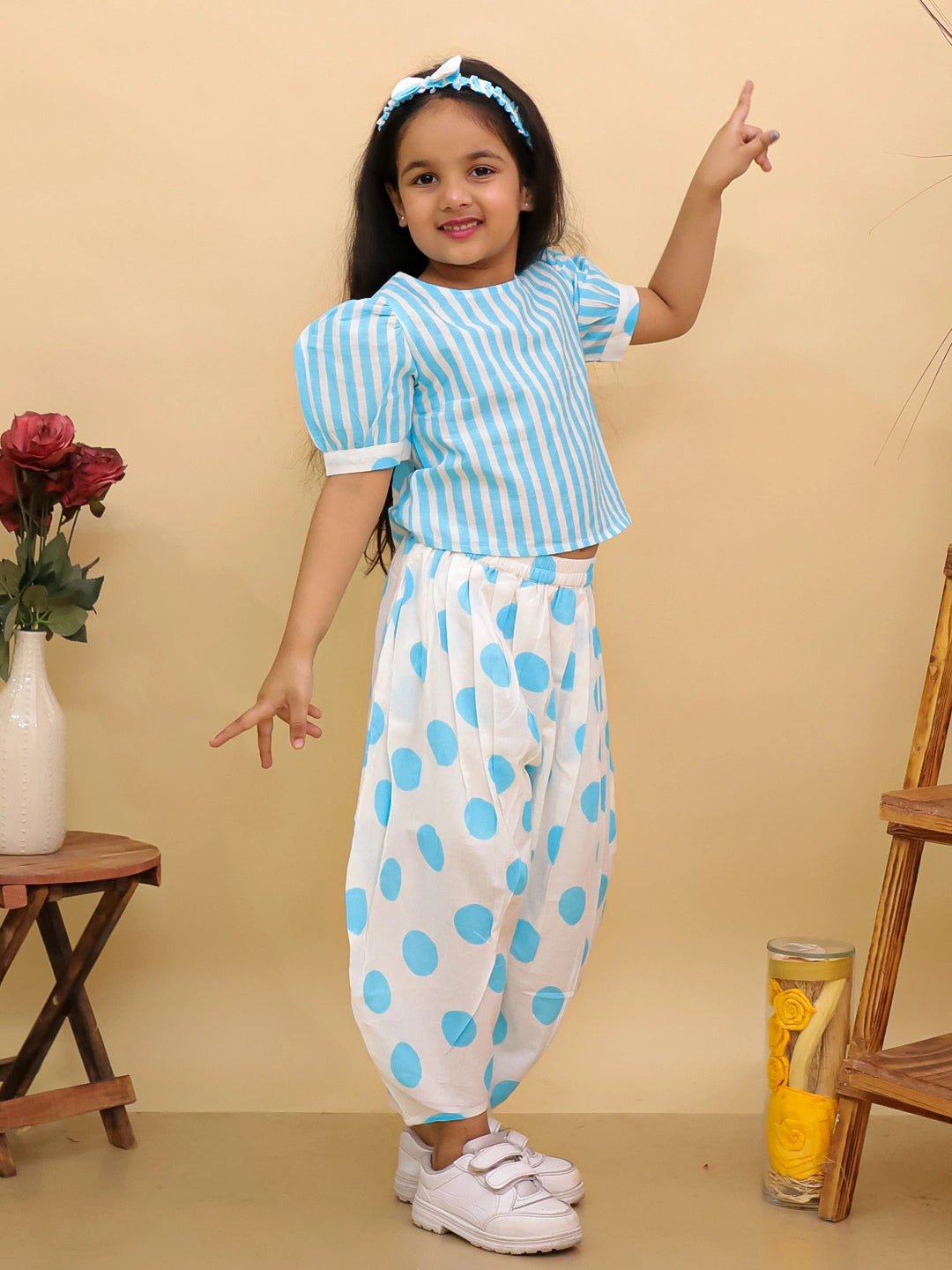 BownBee Pure Cotton Stripes Top & Flared Pants With Hairband For  Girls