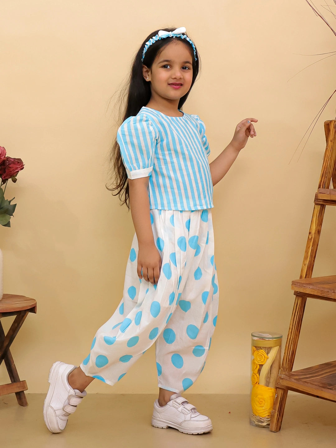BownBee Pure Cotton Stripes Top & Flared Pants With Hairband For  Girls