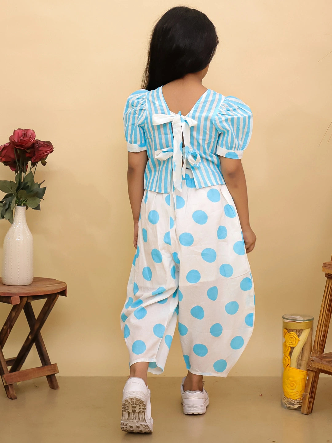 BownBee Summer Polka Dots Short Kurta & Top With Flared Pants Sibling Set