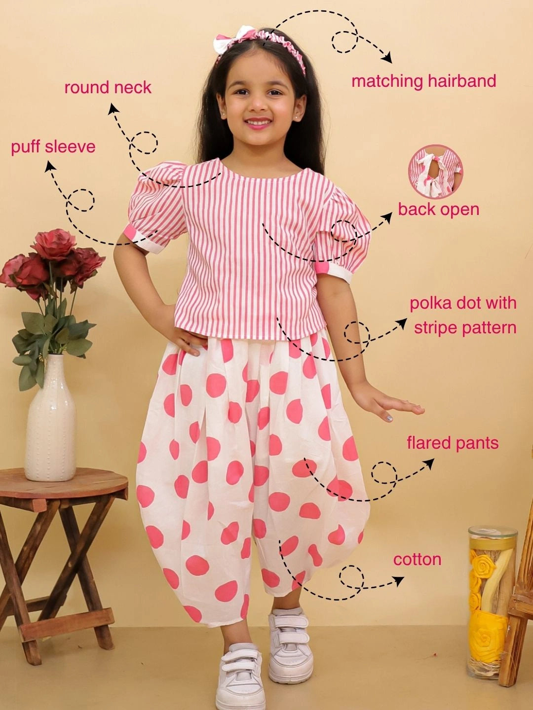 BownBee Summer Polka Dots Short Kurta & Top With Flared Pants Sibling Set