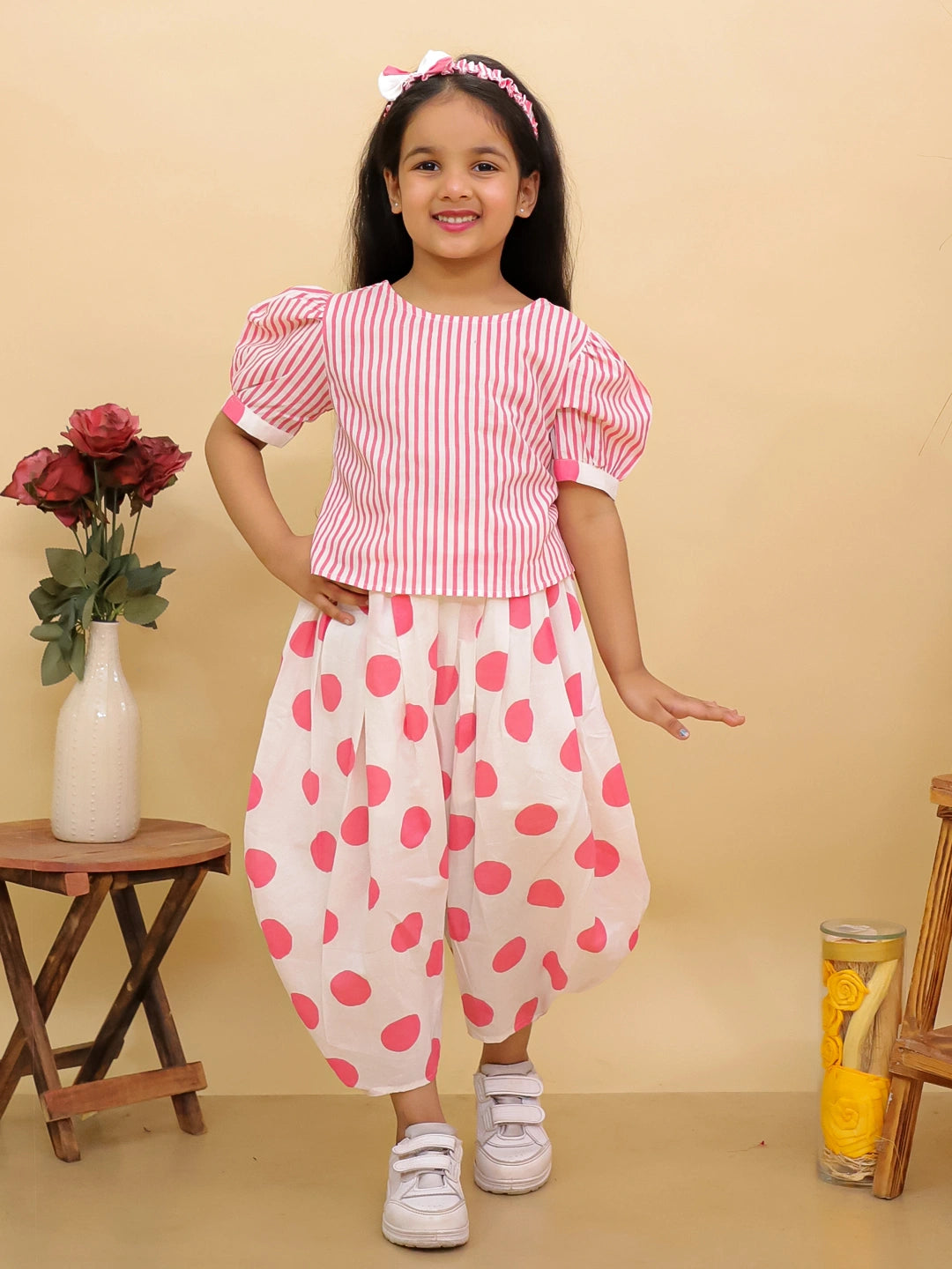 BownBee Summer Polka Dots Short Kurta & Top With Flared Pants Sibling Set
