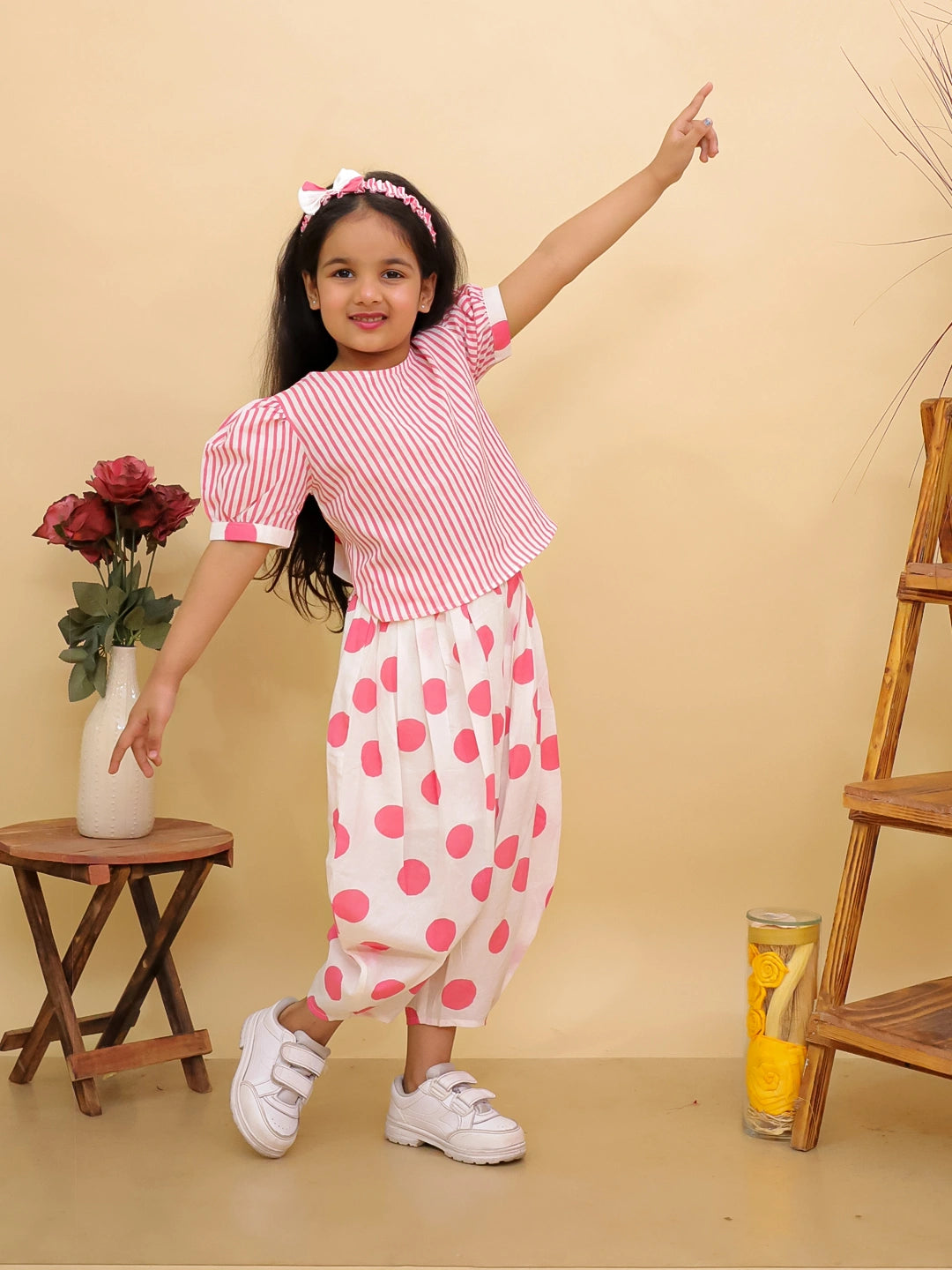 BownBee Summer Polka Dots Short Kurta & Top With Flared Pants Sibling Set