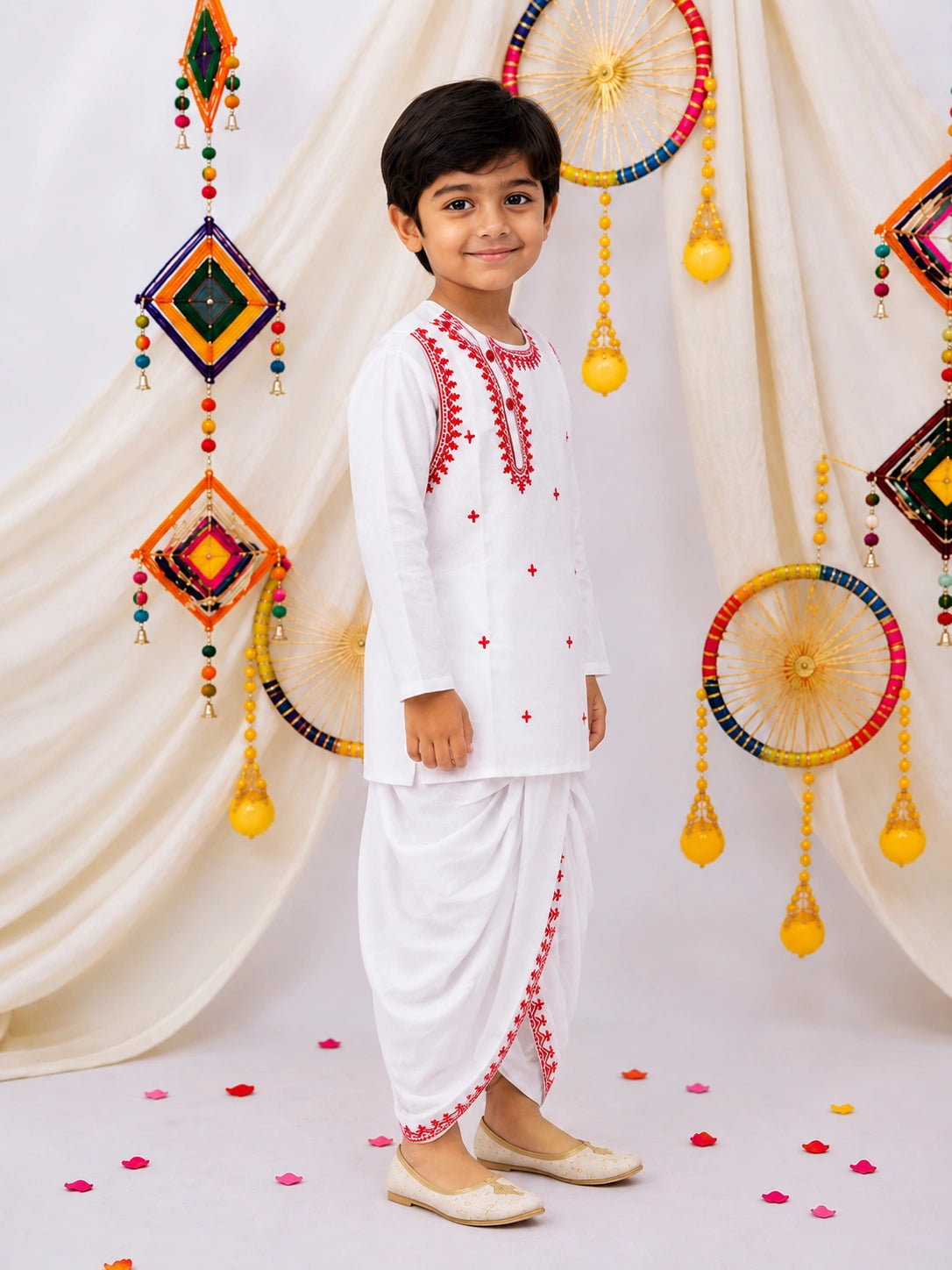 BownBee Embroidered Bengali Style Dhoti Kurta Set For Boys