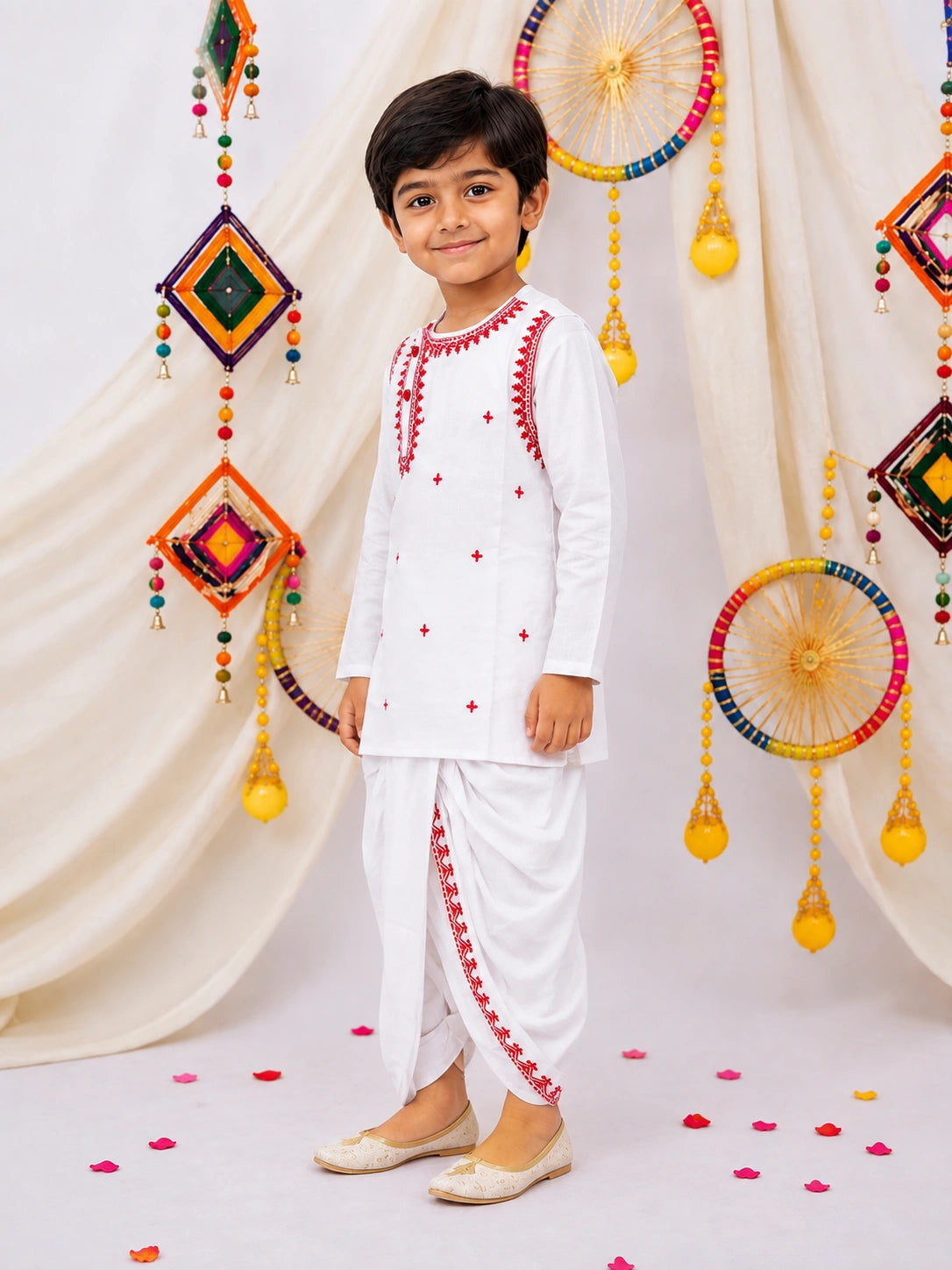 BownBee Embroidered Bengali Style Dhoti Kurta Set For Boys