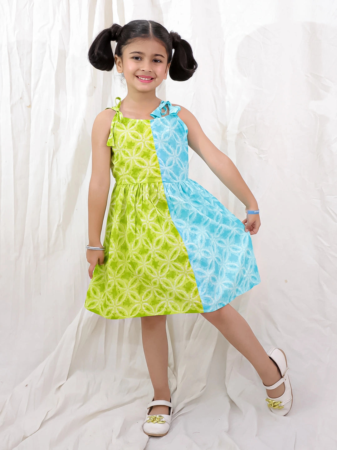 BownBee Pure Cotton Tie & Dye Sleeveless Color Block  Summer Dress For Girls