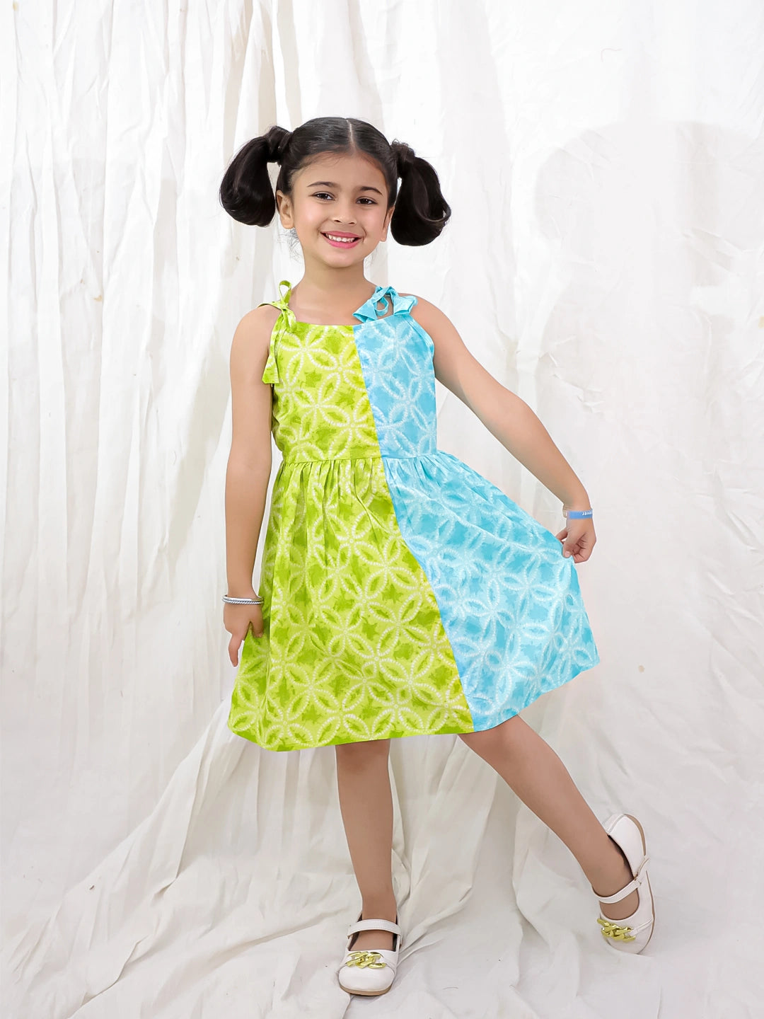 BownBee Pure Cotton Tie & Dye Sleeveless Color Block  Summer Dress For Girls