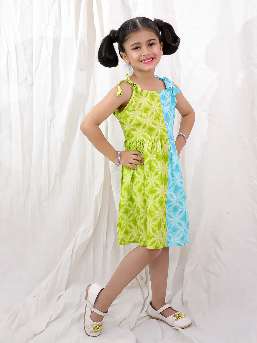 BownBee Pure Cotton Tie & Dye Sleeveless Color Block  Summer Dress For Girls