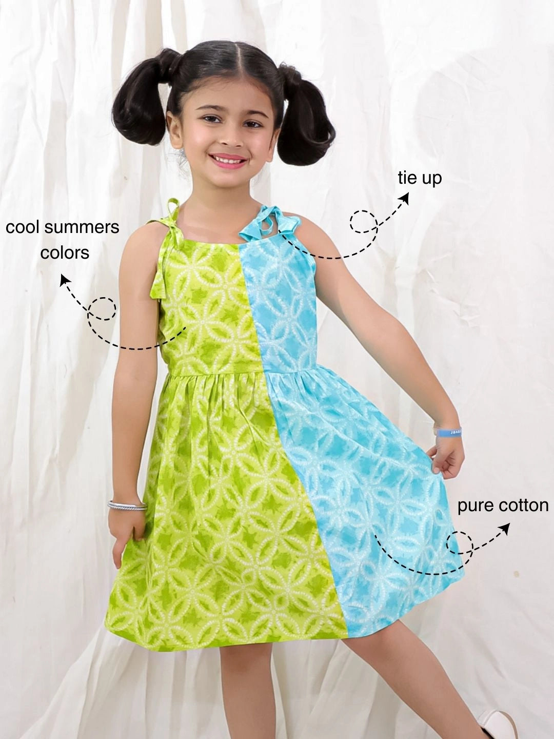 BownBee Pure Cotton Tie & Dye Sleeveless Color Block  Summer Dress For Girls - Blue