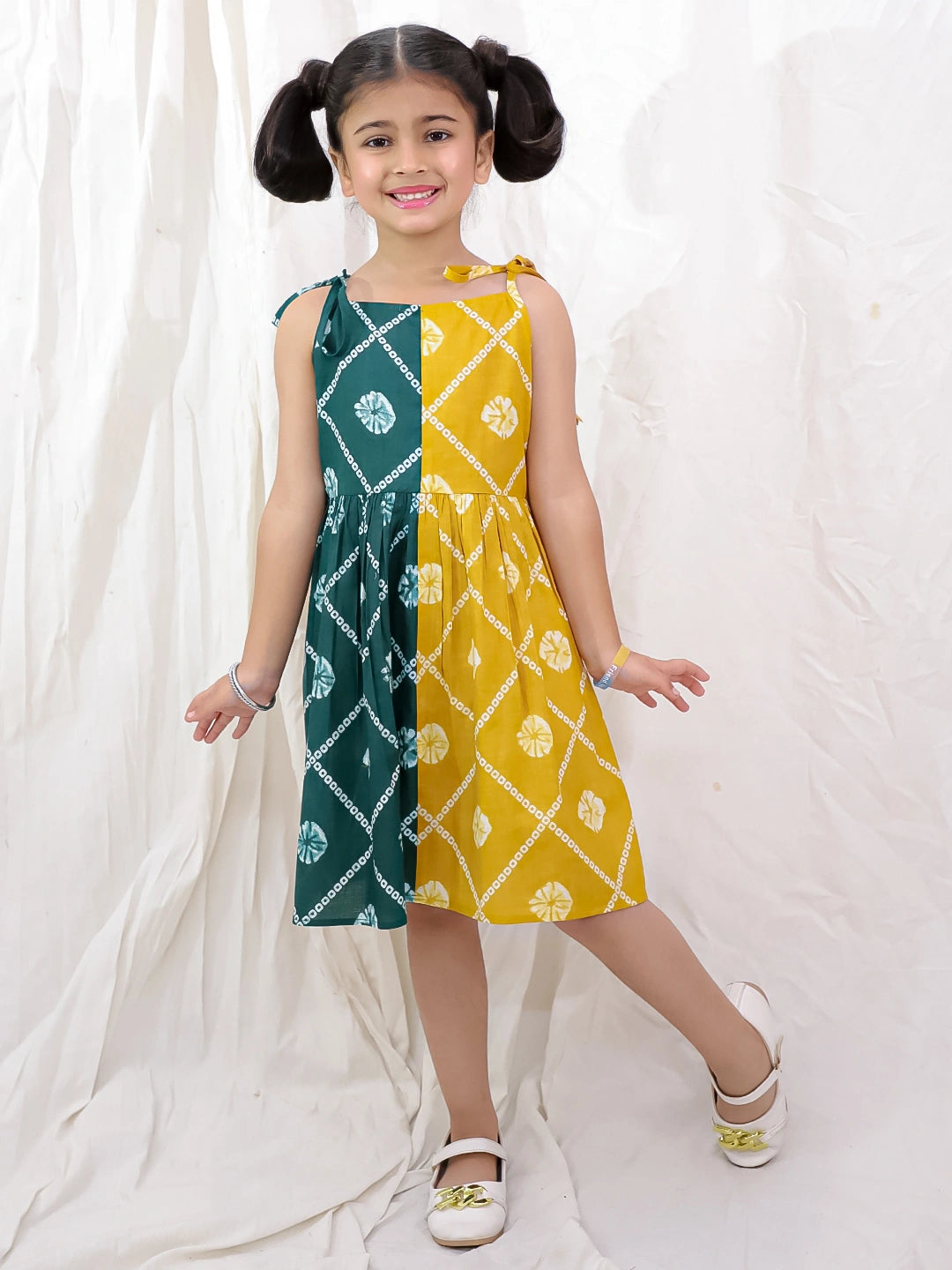 BownBee Pure Cotton Tie & Dye Sleeveless Color Block  Summer Dress For Girls