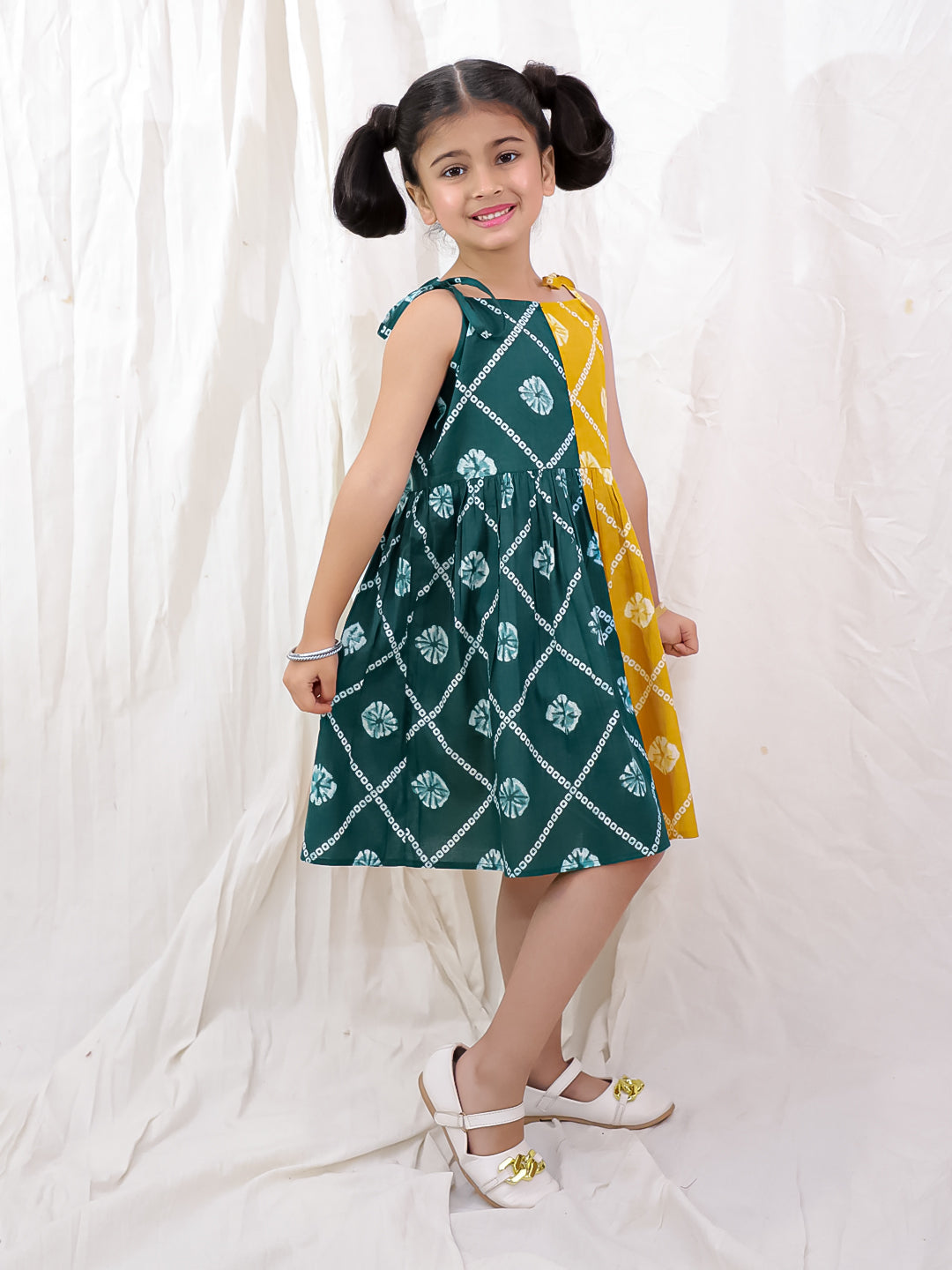 BownBee Pure Cotton Tie & Dye Sleeveless Color Block  Summer Dress For Girls - Blue